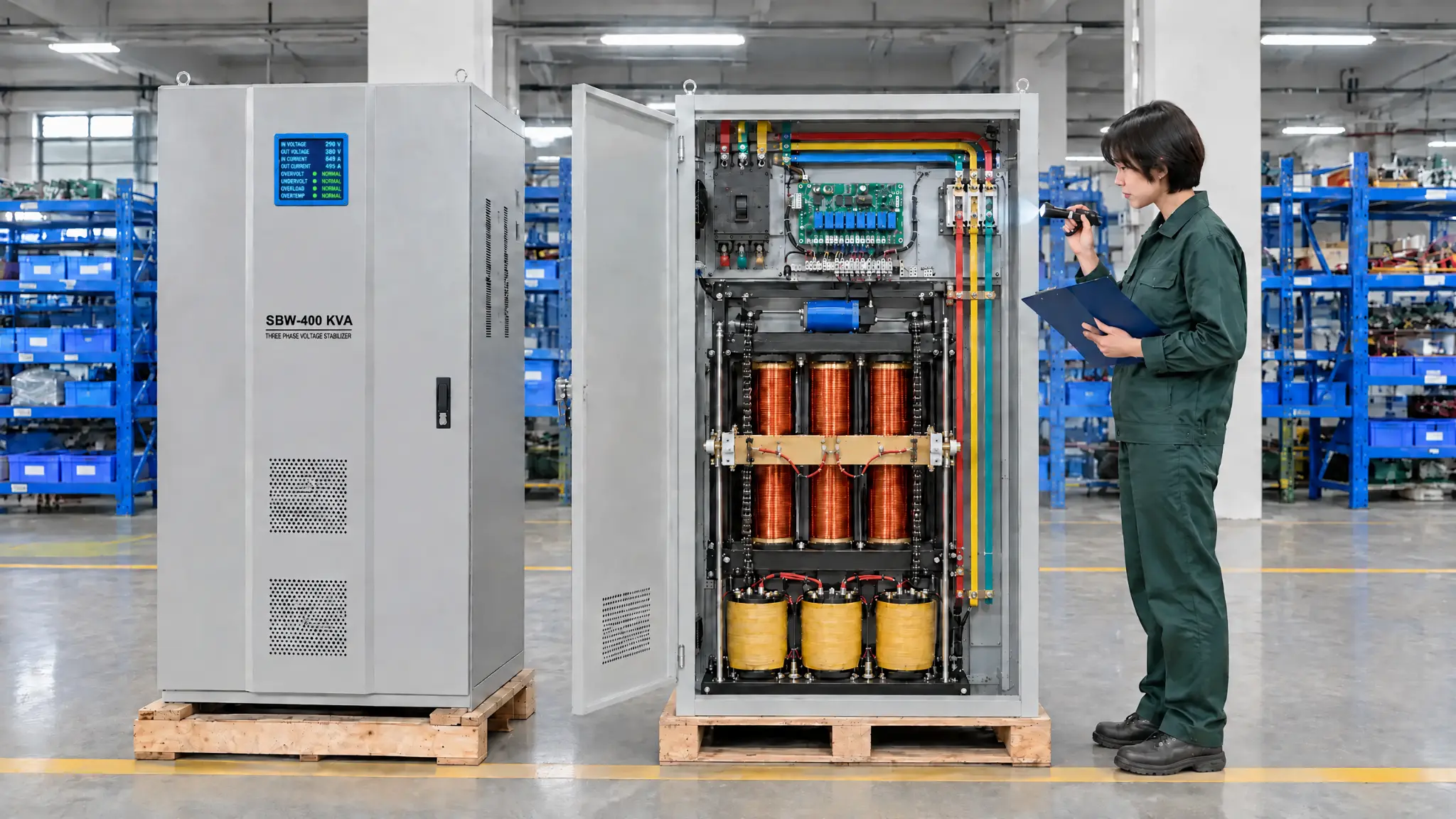 SVC/TNS Precision Three-Phase Servo Voltage Stabilizer Internal structure and production inspection